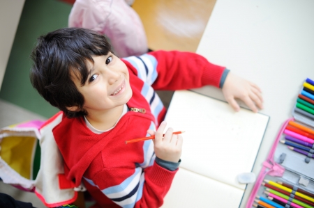 Beautiful kid in school - topview angleの写真素材