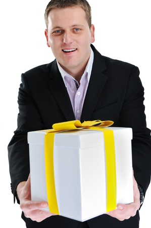Businessman holding gift boxの写真素材