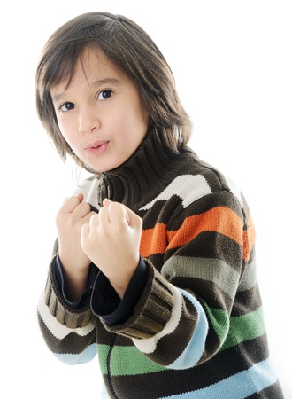 Portrait of happy joyful little boy isolated on white backgroundの写真素材