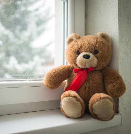 Teddy bear on the windowの写真素材