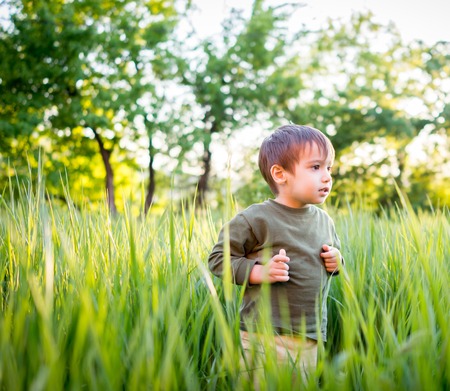 Happy kid with raised arms in green spring field against blue sky. Freedom and happiness conceptの写真素材