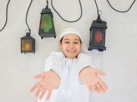 Happy child ready for Ramadan with lanternの写真素材