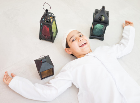 Happy child ready for Ramadan with lanternの写真素材