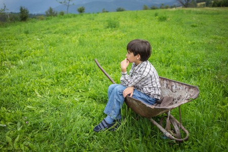 Happy kids on field playing with cartの写真素材