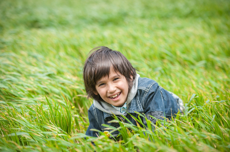Happy little boy on beautiful green yellow grass meadowの写真素材