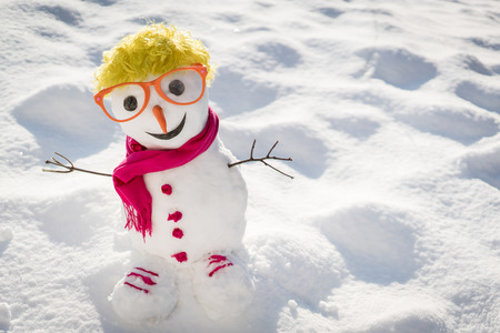 Snowman on snow backgroundの写真素材