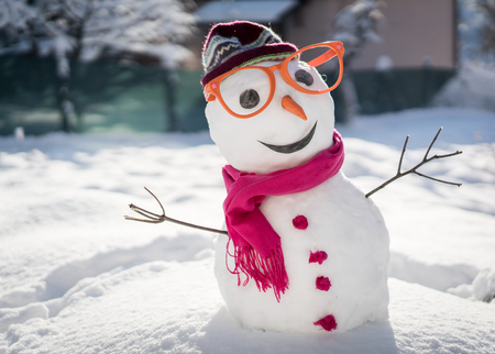 Snowman on snow backgroundの写真素材