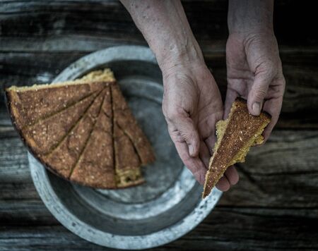 Retro food on grungy board tableの写真素材