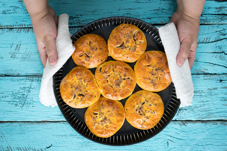 Sweet food on grungy board tableの写真素材