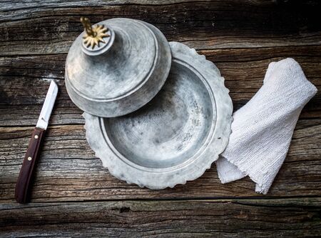 Retro food on grungy board tableの写真素材