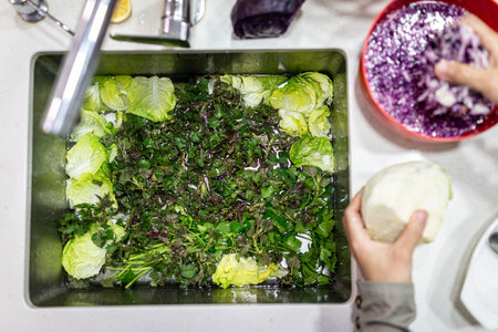 Preparing vegetables for a salad in sinkの写真素材