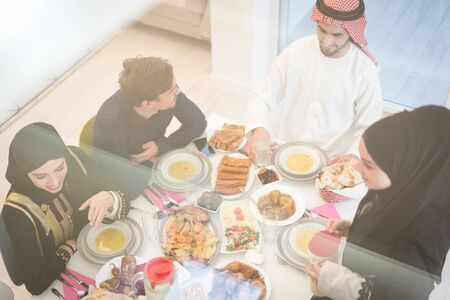 Top view of food table of friendsの写真素材