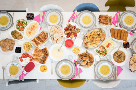 Food table ready top view without people
