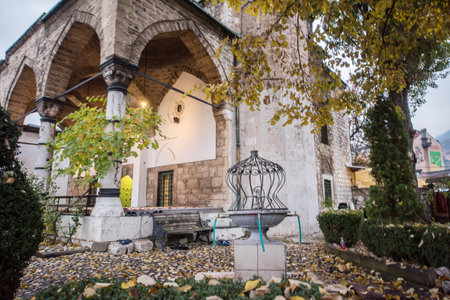 Mosque with fountain in frontの写真素材