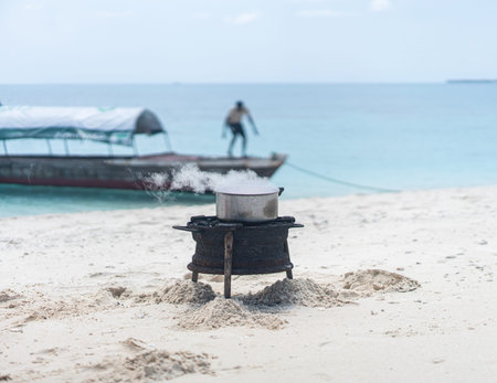 Having joy on beach sand making the food