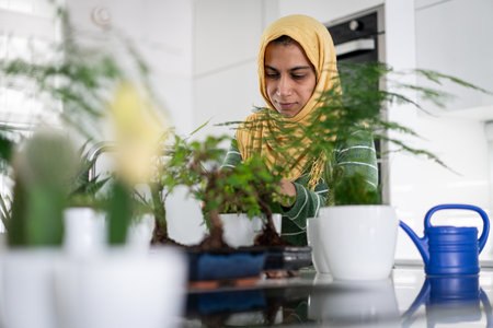Muslim housewife at home watering plants in kitchenの写真素材