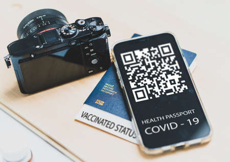 Covid-19 smartphone QR code passport ,High quality photoの写真素材