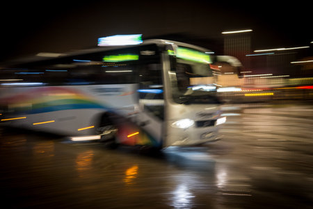 City public transport at beautiful dark nightの写真素材