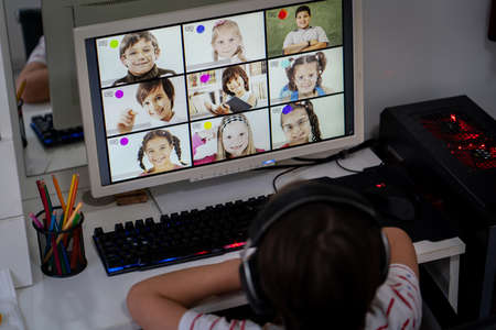 Little boy having online school distance learning classの写真素材