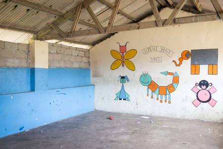 Decorated poor school classroom in Africa with no childrenの写真素材