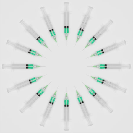 Circle made of many syringes. Healthcare, drugs, 3D rendering. High quality photoの写真素材