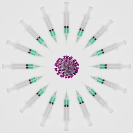 Circle made of many syringes. Healthcare, drugs, medical test or vaccination related 3D rendering. High quality photoの写真素材