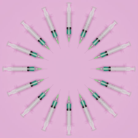 Circle made of many syringes. Healthcare, drugs, 3D rendering. High quality photoの写真素材