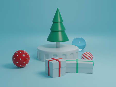 3D - Christmas tree with presents and decorations on black. High quality photoの写真素材