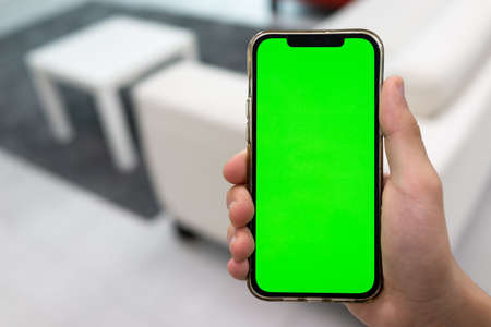Hand in modern living room via smart home on mobile phone with blank green screen. High quality photoの写真素材