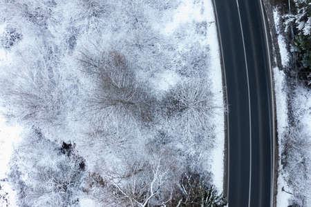 Car on road in winter trough a forest covered with snow. High quality photoの写真素材
