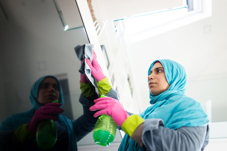 Happy Muslim Woman Cleaning Modern House Living Room. High quality photoの写真素材