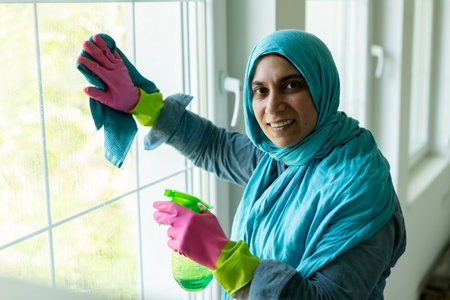 Happy Muslim Woman Cleaning Modern House Living Room. High quality photoの写真素材