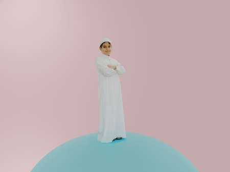 Happy kid boy with sphere for your message, copy space. High quality photoの写真素材