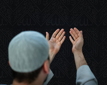 Muslim pilgrims in white traditional clothes, praying at Kaaba in Makkah. High quality photo