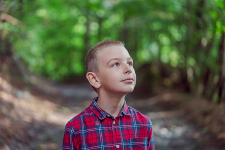 Cute little curious boy in green nature waiting for magic. Inquisitive childhood.の写真素材