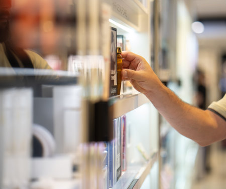 Profile view of bearded man shopping for perfume inside airport. High quality photoの写真素材
