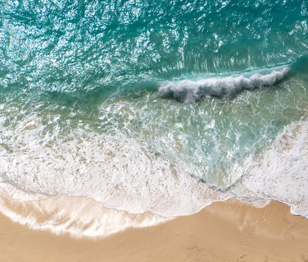 Aerial Top-Down View of a Beach with Gentle White Foamy Waves High quality photoの写真素材
