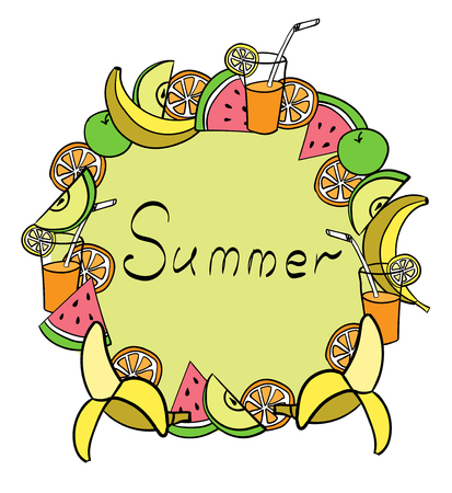 Summer fruit frame handrawn  banana apple watermelon orange juiceのイラスト素材