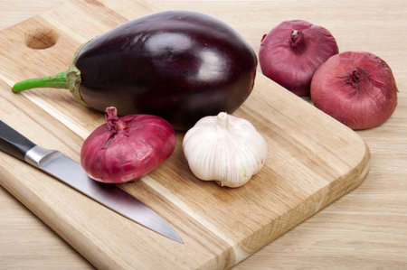 eggplant, garlic and onionsの写真素材