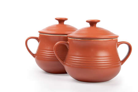 two clay pots isolated on whiteの写真素材