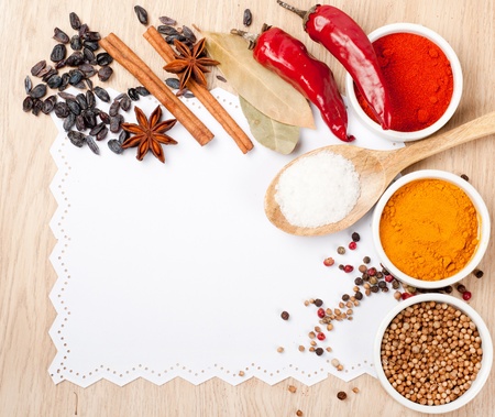 Spices on a wooden tableの写真素材