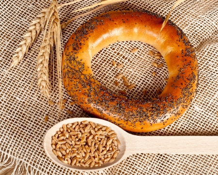 Fresh baked traditional bread and wheatの写真素材
