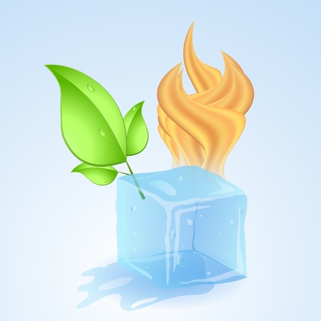 Ice cube with fire and green young leaf. Vector illustration.のイラスト素材