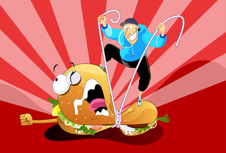 A healthy man on a diet, fighting against the junk food monster. のイラスト素材