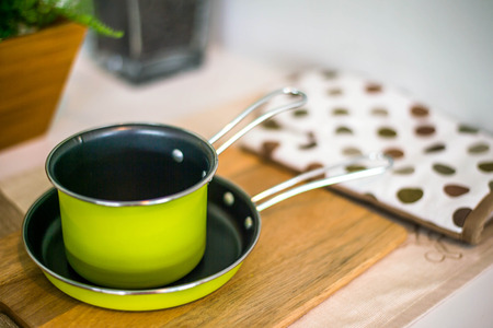 empty pot and pan in kitchenの写真素材