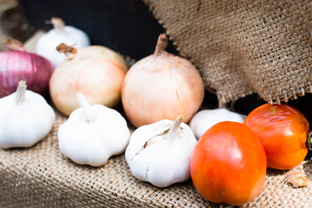 Tomatoes Garlic and Onionsの写真素材