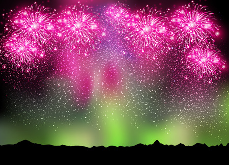 Happy New Year 2015 fireworks on sky and borealis background, easy editableのイラスト素材