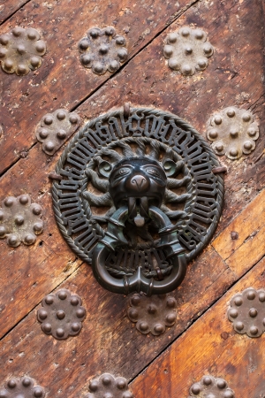 Fragment of a wooden medieval doorの写真素材