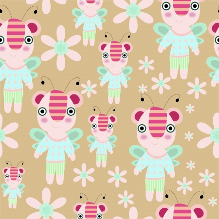 Seamless vector cartoon teddy - bee with flowers and trees illustration repeat background patternのイラスト素材