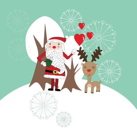 Cute Christmas card with Santaclaus, reindeer, snowflakes and white treesのイラスト素材
